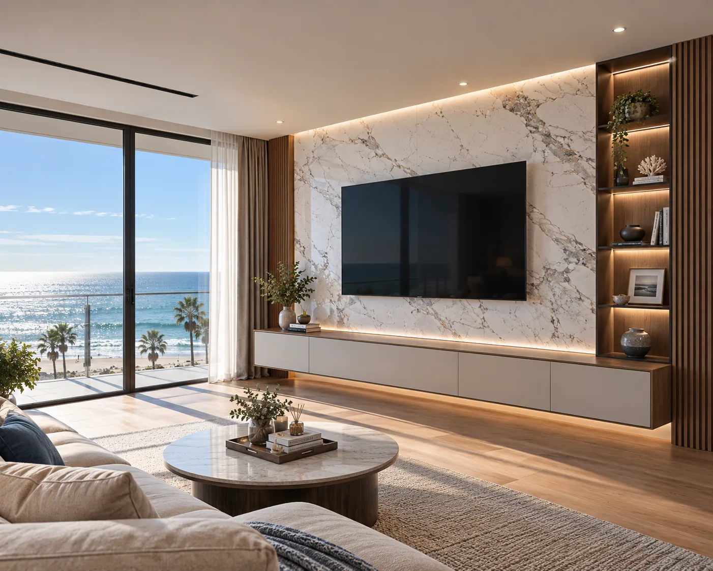 Bright living room with a wall-mounted TV, LED-lit shelves and an ocean view